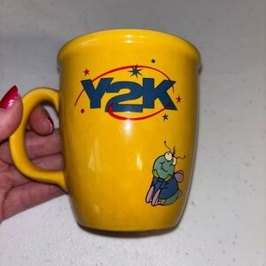 Y2K Yellow and Blue Ceramic Mug with Cartoon Design